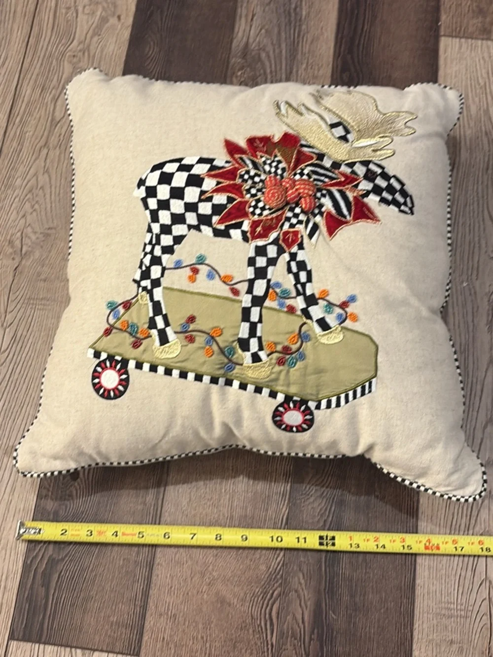 MacKenzie-Childs Checkered Moose Holiday Pillow in Cream, Black, Red, Gold